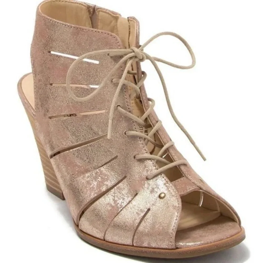 Paul Green Metallic Cayenne Blush Leather Cosmo Lace Up Open Toe Heeled Bootie 9